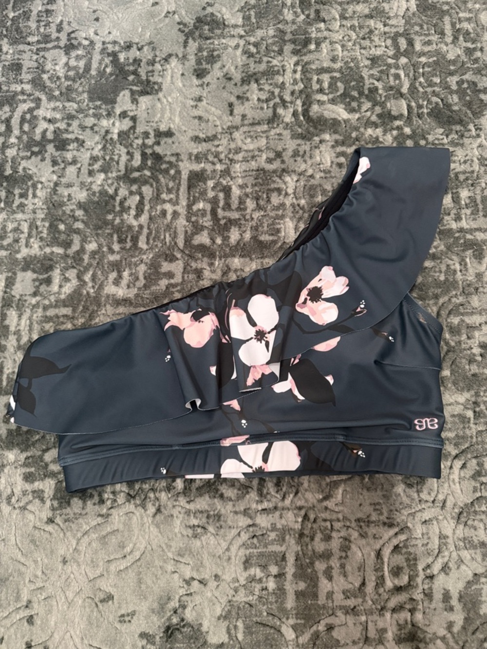 Albion One-Shoulder Floral Ruffle Swim Top - Navy with Pink Flowers